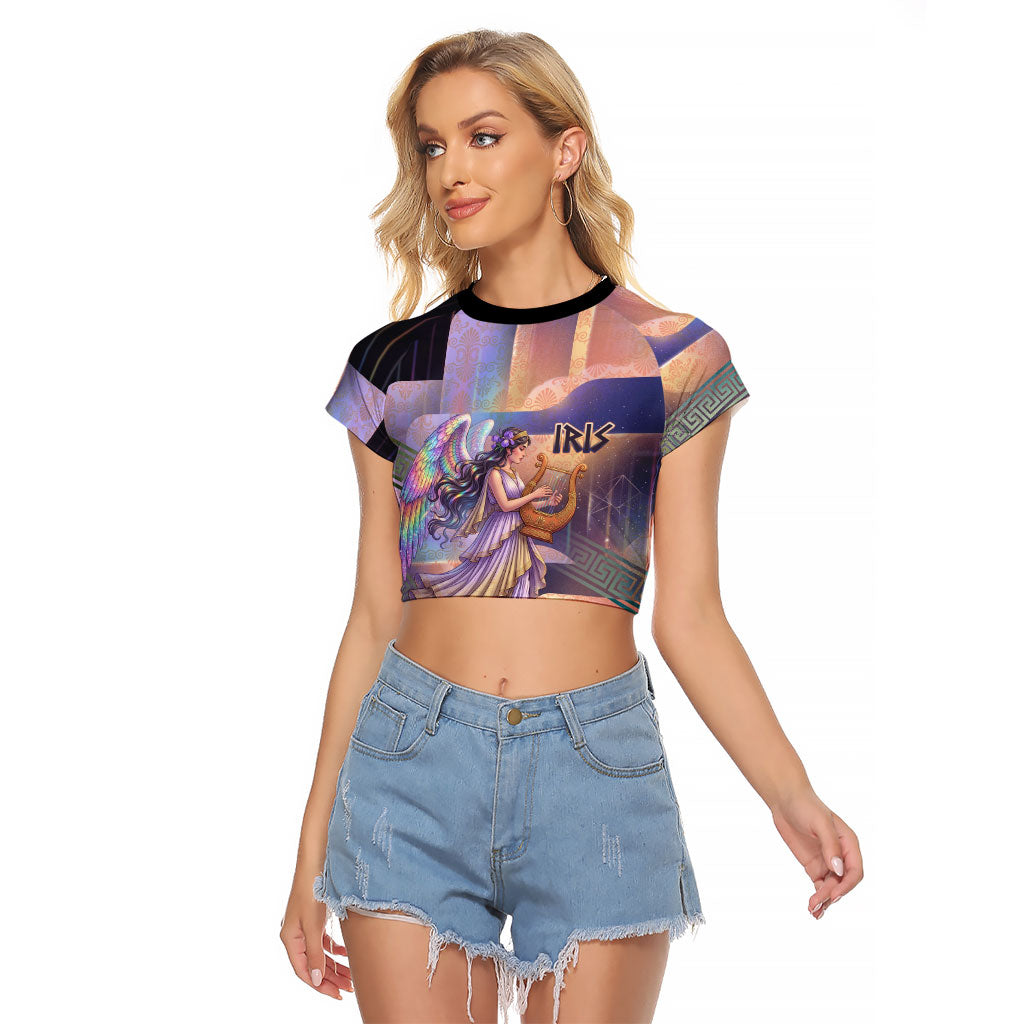 Iris Goddess Raglan Cropped T Shirt Rainbow Winged Iris - Pitcher Lyre And Greek Key