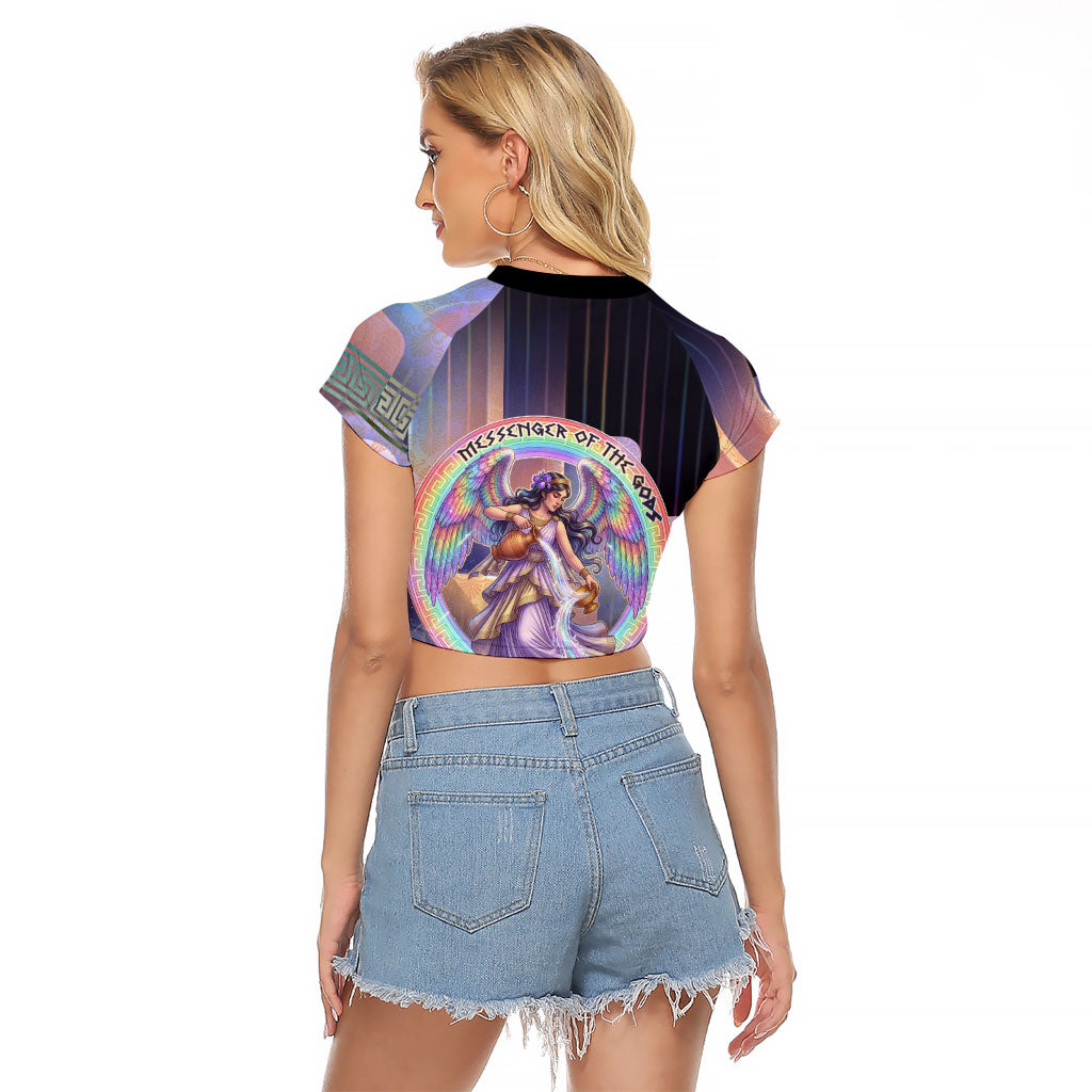 Iris Goddess Raglan Cropped T Shirt Rainbow Winged Iris - Pitcher Lyre And Greek Key