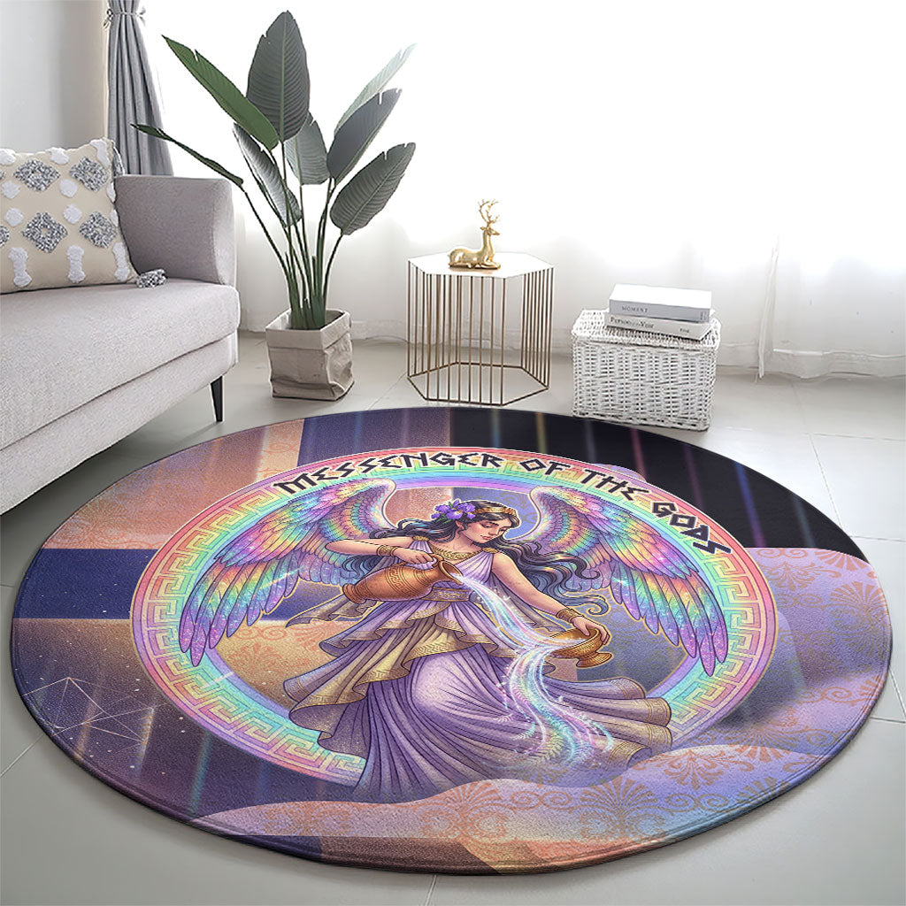 Iris Goddess Round Carpet Rainbow Winged Iris - Pitcher Lyre And Greek Key
