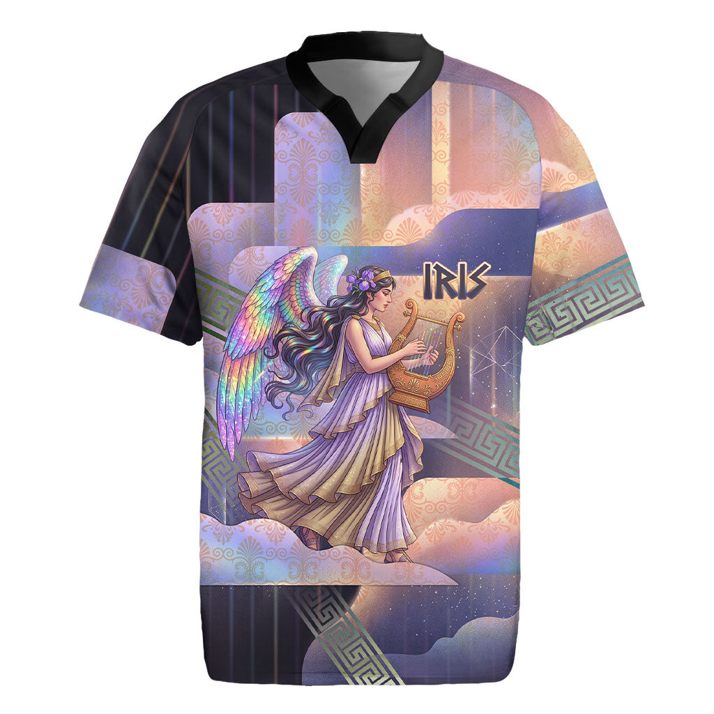 Iris Goddess Rugby Jersey Rainbow Winged Iris - Pitcher Lyre And Greek Key