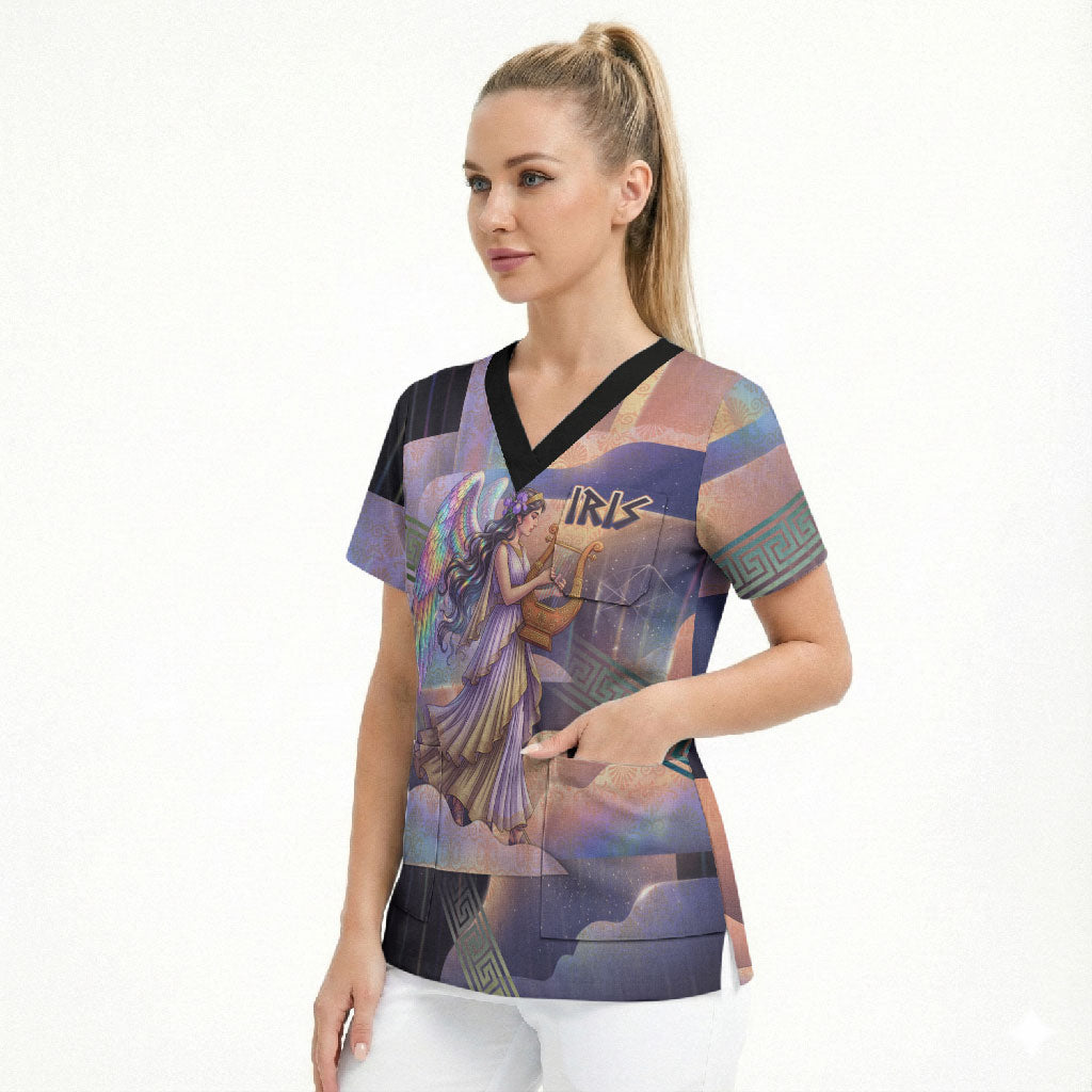 Iris Goddess Scrub Top Rainbow Winged Iris - Pitcher Lyre And Greek Key