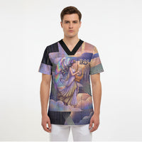 Iris Goddess Scrub Top Rainbow Winged Iris - Pitcher Lyre And Greek Key