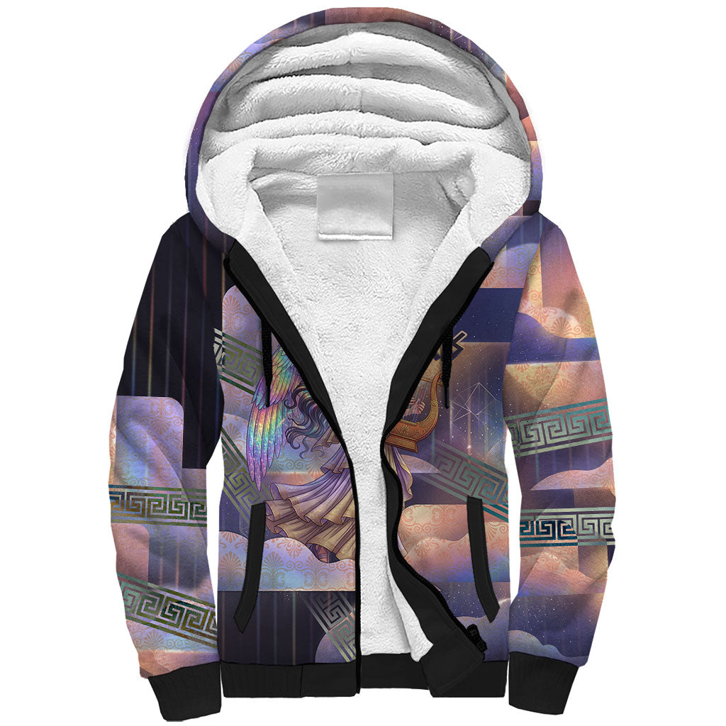 Iris Goddess Sherpa Hoodie Rainbow Winged Iris - Pitcher Lyre And Greek Key