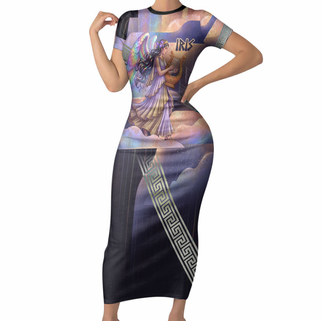 Iris Goddess Short Sleeve Bodycon Dress Rainbow Winged Iris - Pitcher Lyre And Greek Key