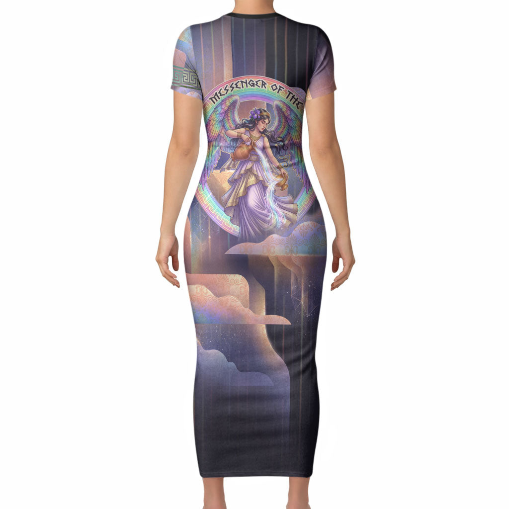 Iris Goddess Short Sleeve Bodycon Dress Rainbow Winged Iris - Pitcher Lyre And Greek Key