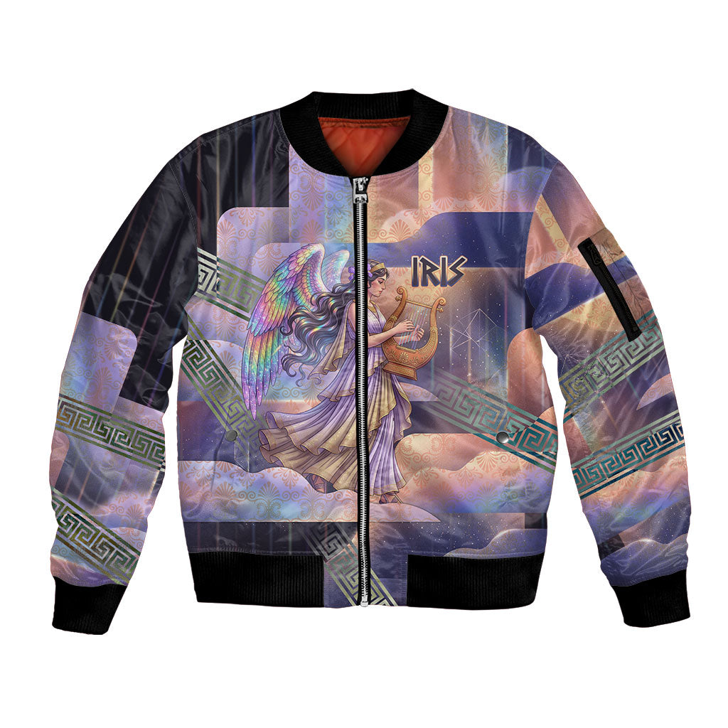 Iris Goddess Sleeve Zip Bomber Jacket Rainbow Winged Iris - Pitcher Lyre And Greek Key