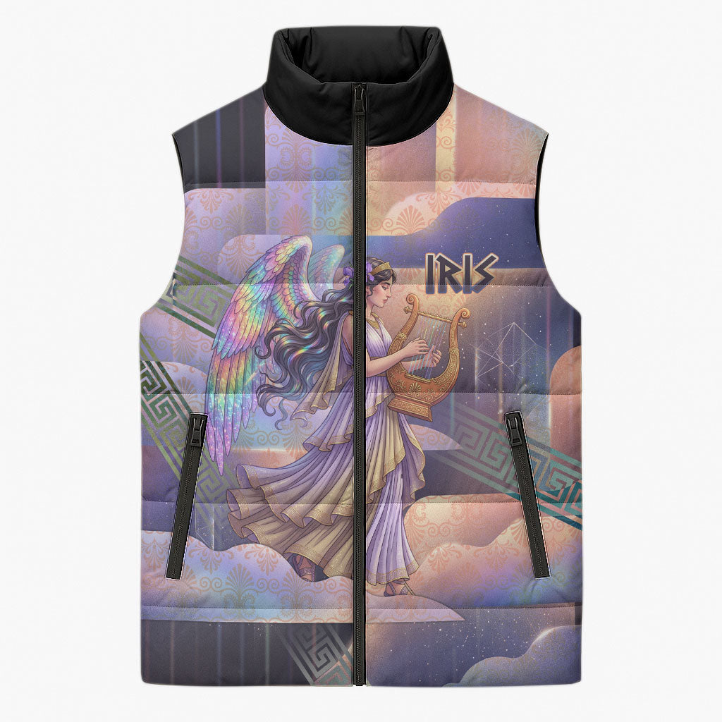 Iris Goddess Sleeveless Puffer Jacket Rainbow Winged Iris - Pitcher Lyre And Greek Key