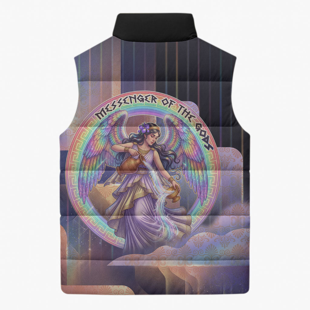 Iris Goddess Sleeveless Puffer Jacket Rainbow Winged Iris - Pitcher Lyre And Greek Key