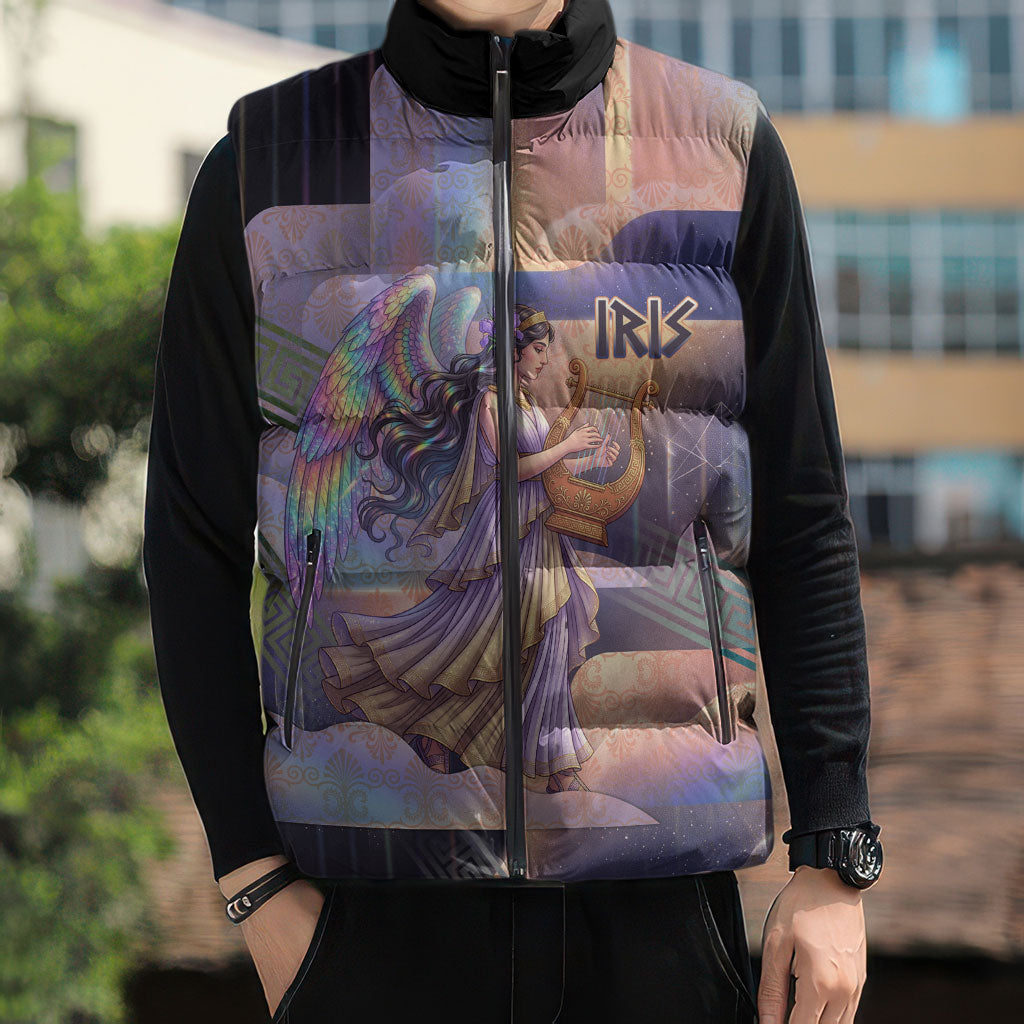Iris Goddess Sleeveless Puffer Jacket Rainbow Winged Iris - Pitcher Lyre And Greek Key