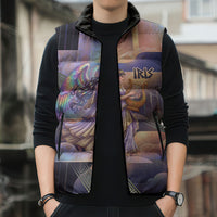 Iris Goddess Sleeveless Puffer Jacket Rainbow Winged Iris - Pitcher Lyre And Greek Key