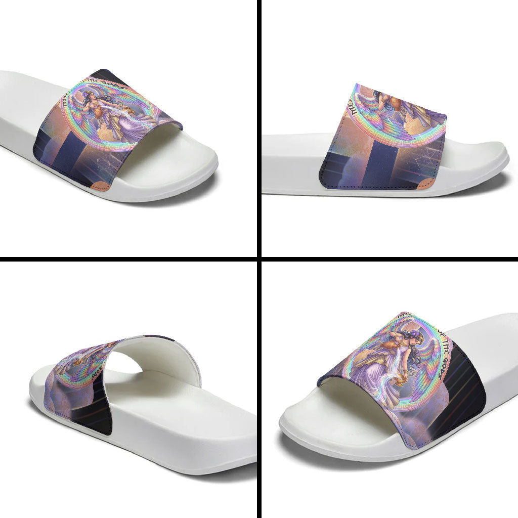 Iris Goddess Slide Sandals Rainbow Winged Iris - Pitcher Lyre And Greek Key