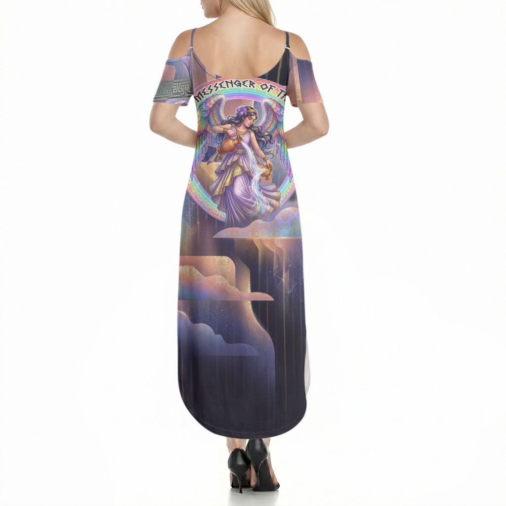 Iris Goddess Summer Maxi Dress Rainbow Winged Iris - Pitcher Lyre And Greek Key