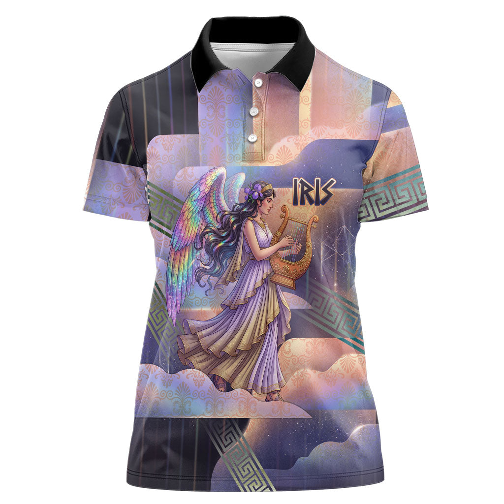 Iris Goddess Women Polo Shirt Rainbow Winged Iris - Pitcher Lyre And Greek Key