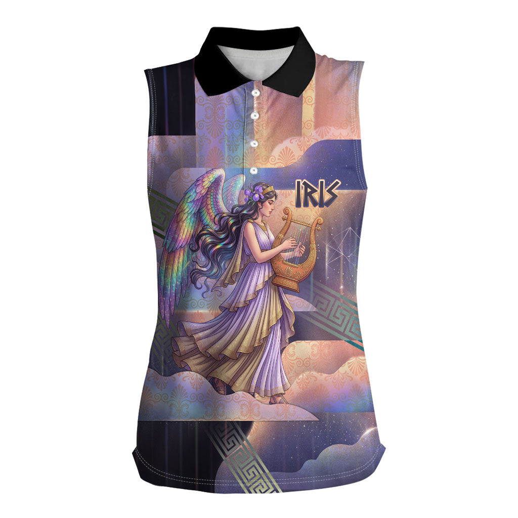 Iris Goddess Women Sleeveless Polo Shirt Rainbow Winged Iris - Pitcher Lyre And Greek Key