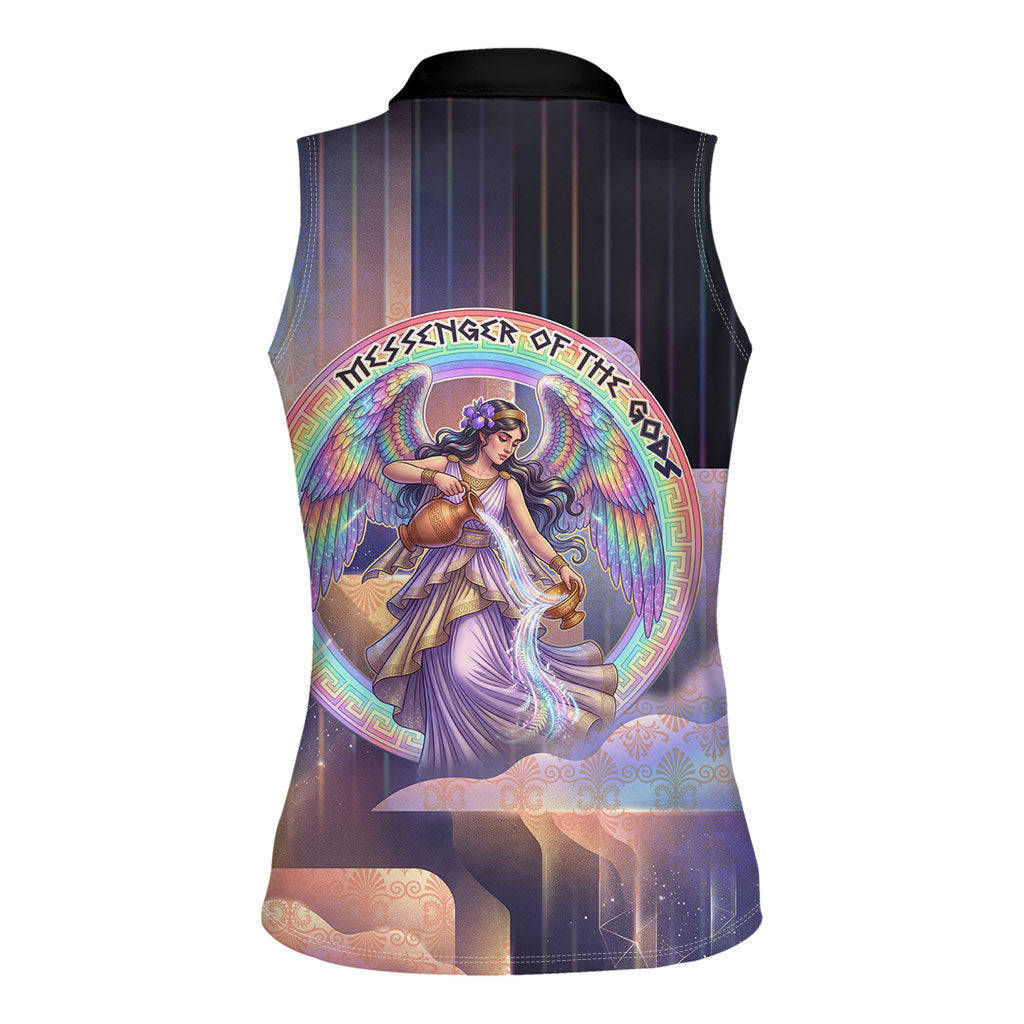 Iris Goddess Women Sleeveless Polo Shirt Rainbow Winged Iris - Pitcher Lyre And Greek Key