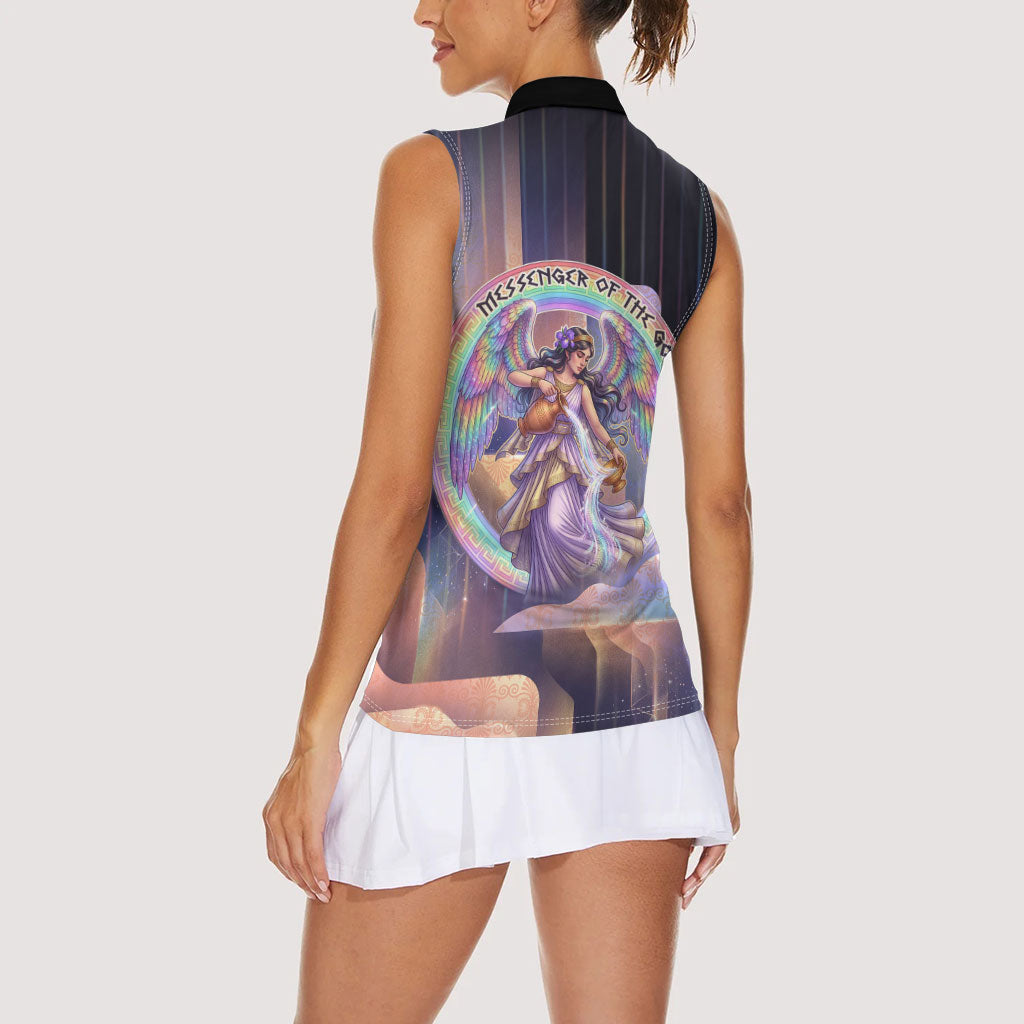Iris Goddess Women Sleeveless Polo Shirt Rainbow Winged Iris - Pitcher Lyre And Greek Key
