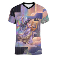 Iris Goddess Women V-Neck T-Shirt Rainbow Winged Iris - Pitcher Lyre And Greek Key