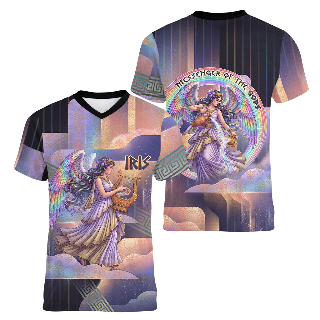 Iris Goddess Women V-Neck T-Shirt Rainbow Winged Iris - Pitcher Lyre And Greek Key