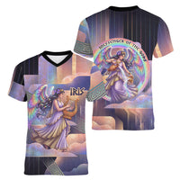 Iris Goddess Women V-Neck T-Shirt Rainbow Winged Iris - Pitcher Lyre And Greek Key