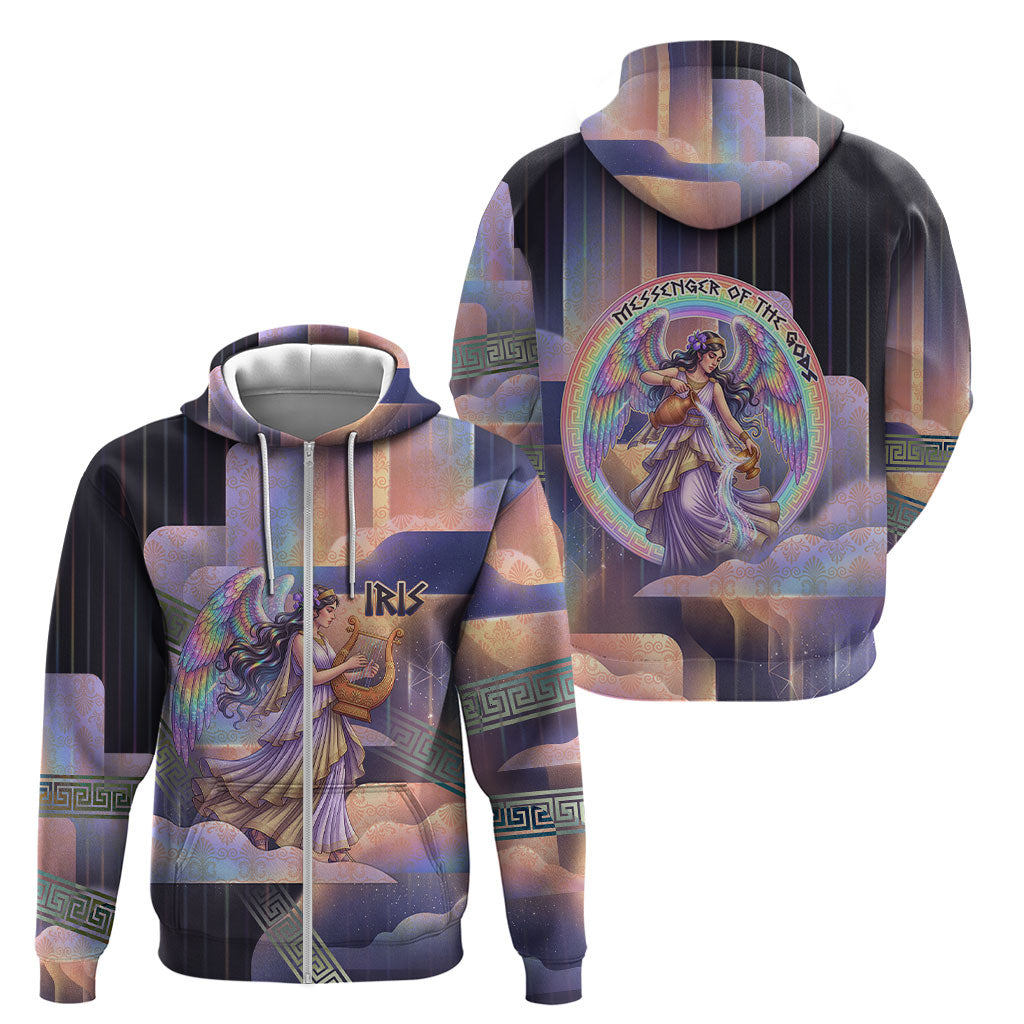 Iris Goddess Zip Hoodie Rainbow Winged Iris - Pitcher Lyre And Greek Key