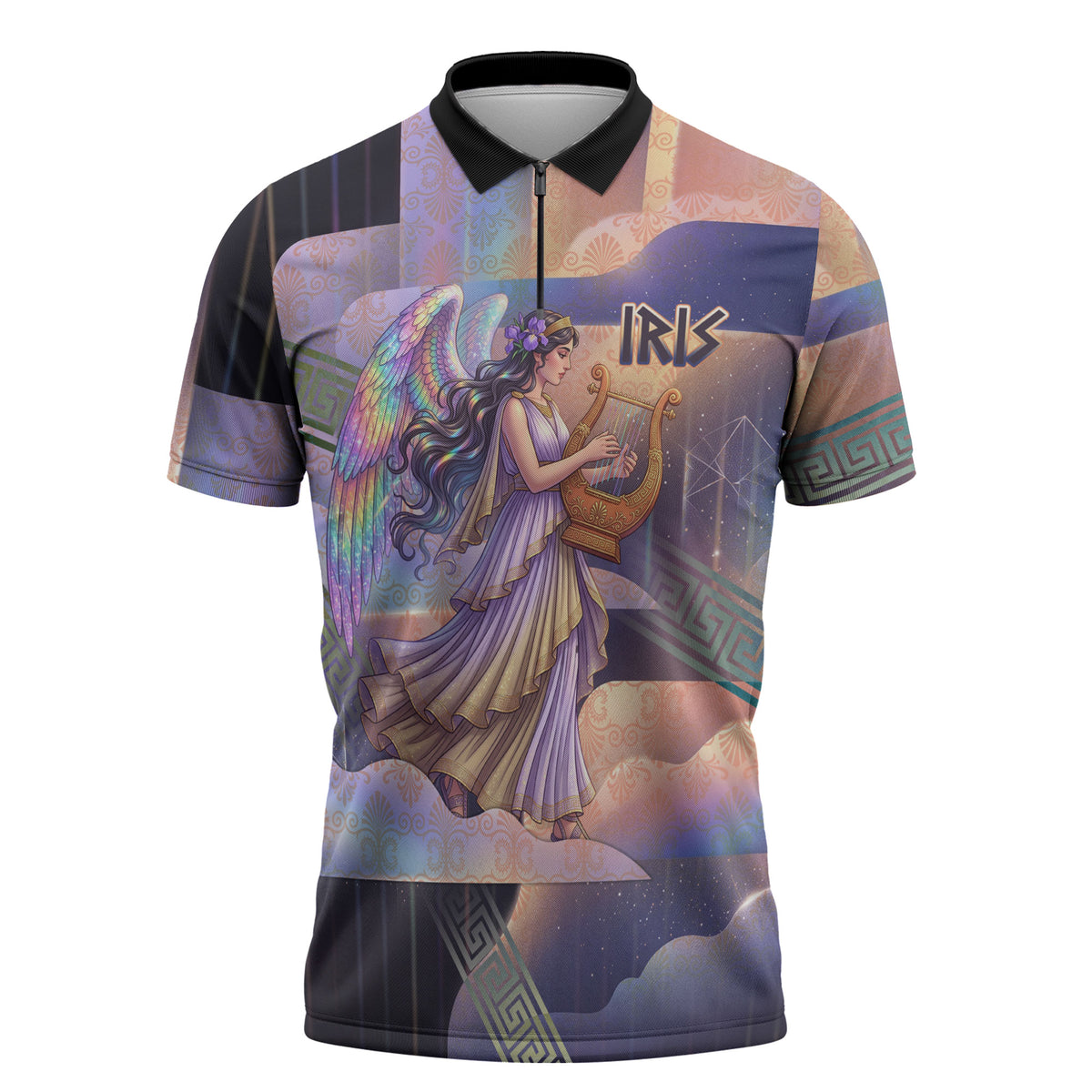 Iris Goddess Zipper Polo Shirt Rainbow Winged Iris - Pitcher Lyre And Greek Key