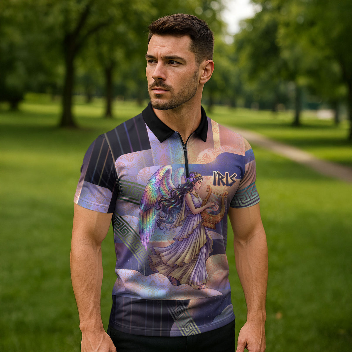 Iris Goddess Zipper Polo Shirt Rainbow Winged Iris - Pitcher Lyre And Greek Key