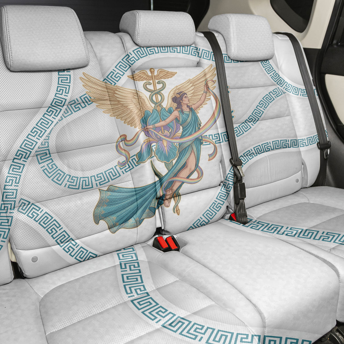 Iris Goddess Back Car Seat Cover Winged Iris Caduceus Staff Rainbow Ribbon Greek Key