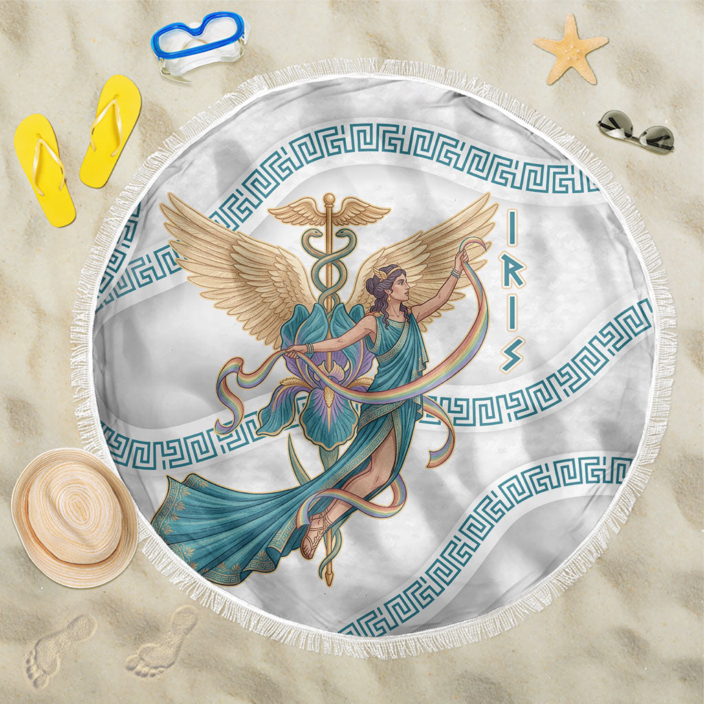 Iris Goddess Beach Blanket Winged Iris Caduceus Staff Rainbow Ribbon Greek Key