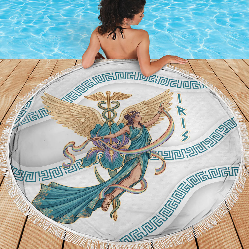 Iris Goddess Beach Blanket Winged Iris Caduceus Staff Rainbow Ribbon Greek Key