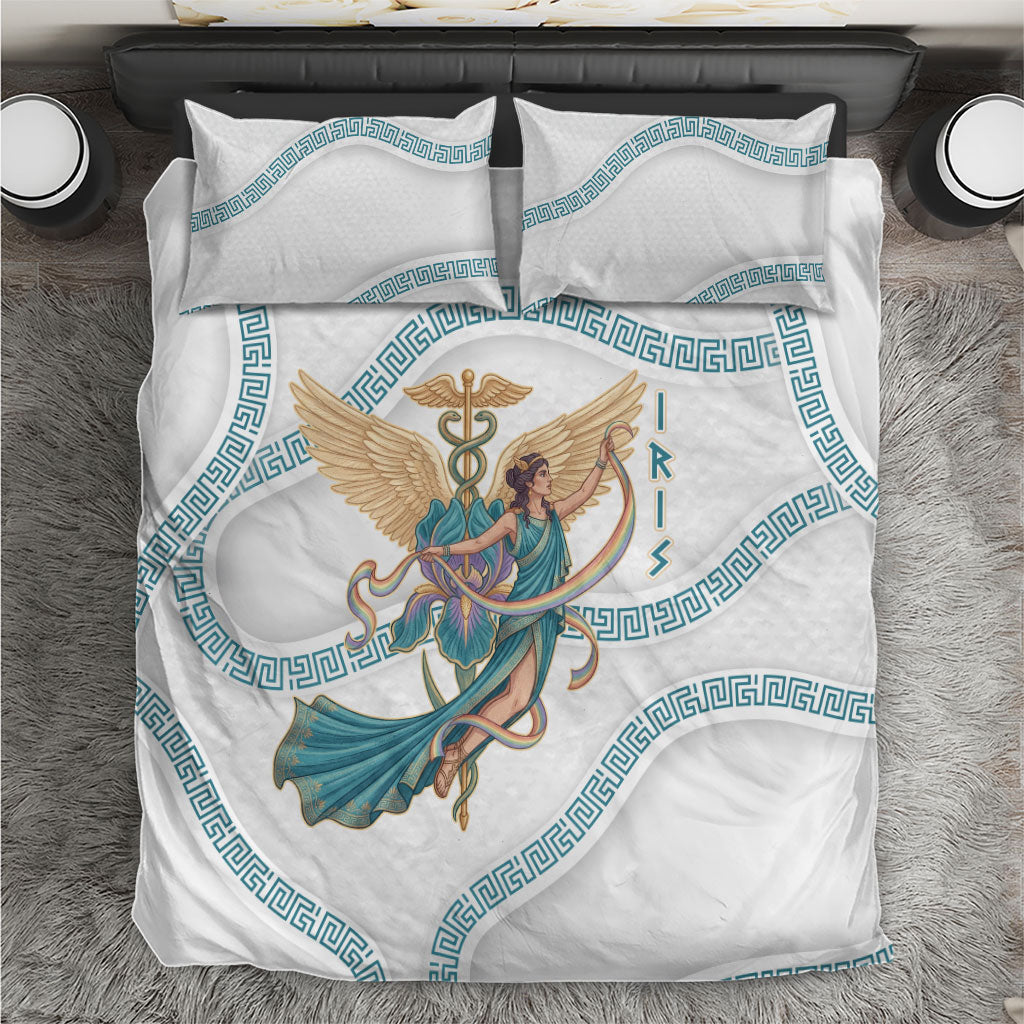 Iris Goddess Bedding Set Winged Iris Caduceus Staff Rainbow Ribbon Greek Key