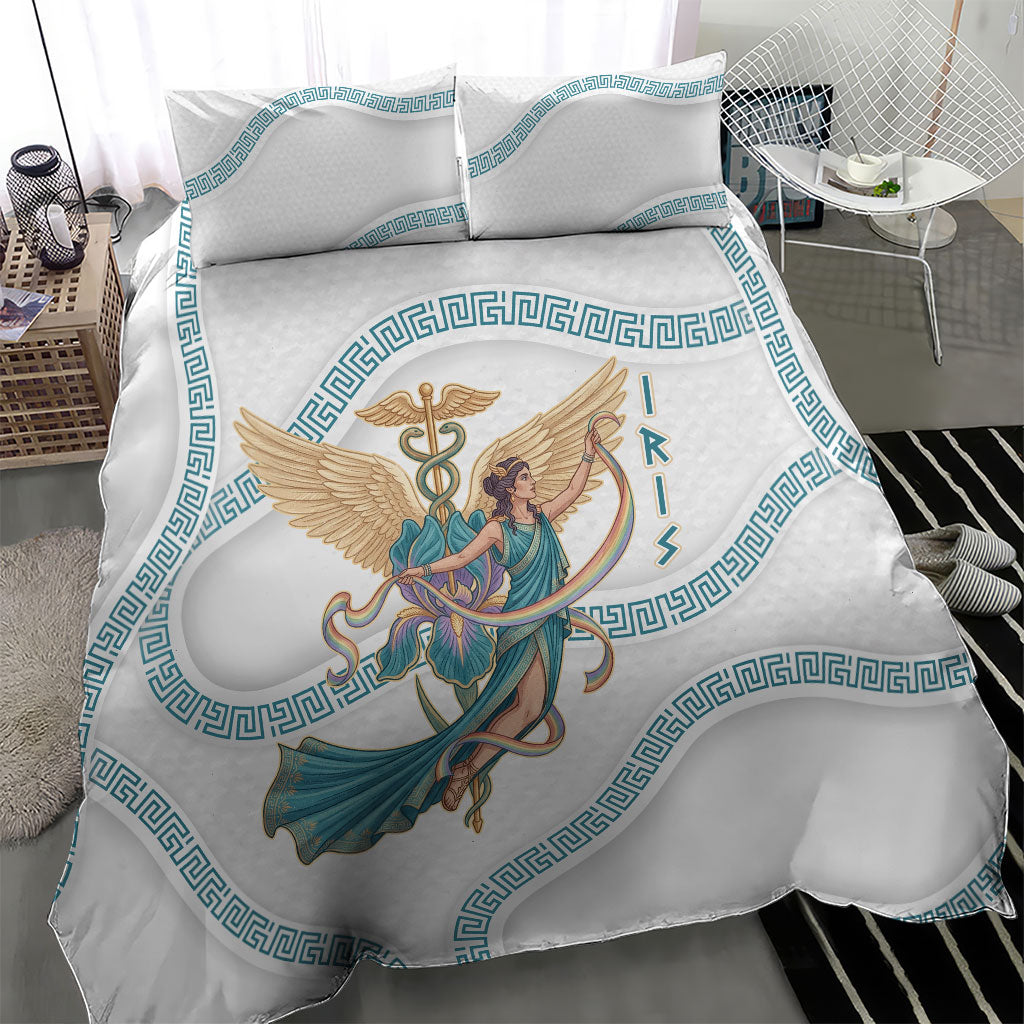 Iris Goddess Bedding Set Winged Iris Caduceus Staff Rainbow Ribbon Greek Key