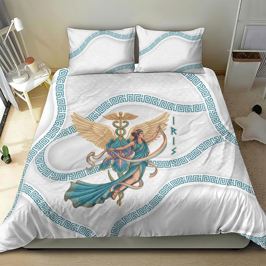Iris Goddess Bedding Set Winged Iris Caduceus Staff Rainbow Ribbon Greek Key