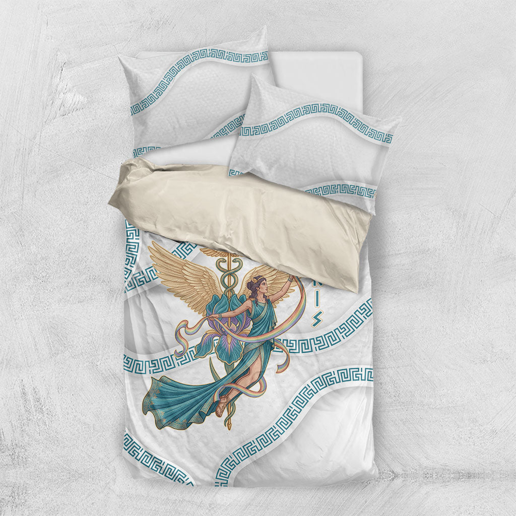 Iris Goddess Bedding Set Winged Iris Caduceus Staff Rainbow Ribbon Greek Key