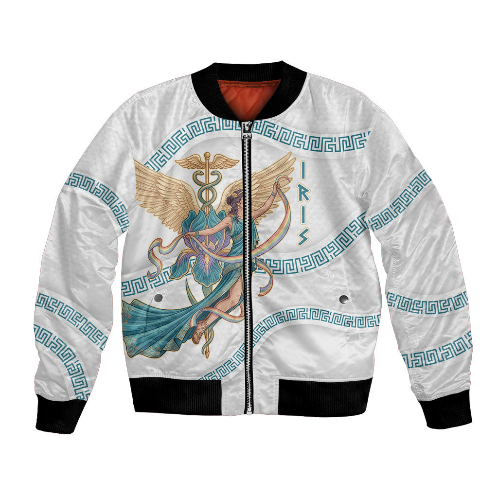 Iris Goddess Bomber Jacket Winged Iris Caduceus Staff Rainbow Ribbon Greek Key