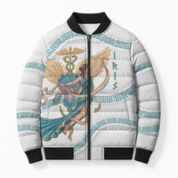 Iris Goddess Bomber Puffer Jacket Winged Iris Caduceus Staff Rainbow Ribbon Greek Key