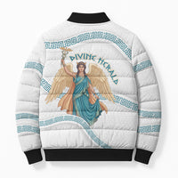 Iris Goddess Bomber Puffer Jacket Winged Iris Caduceus Staff Rainbow Ribbon Greek Key