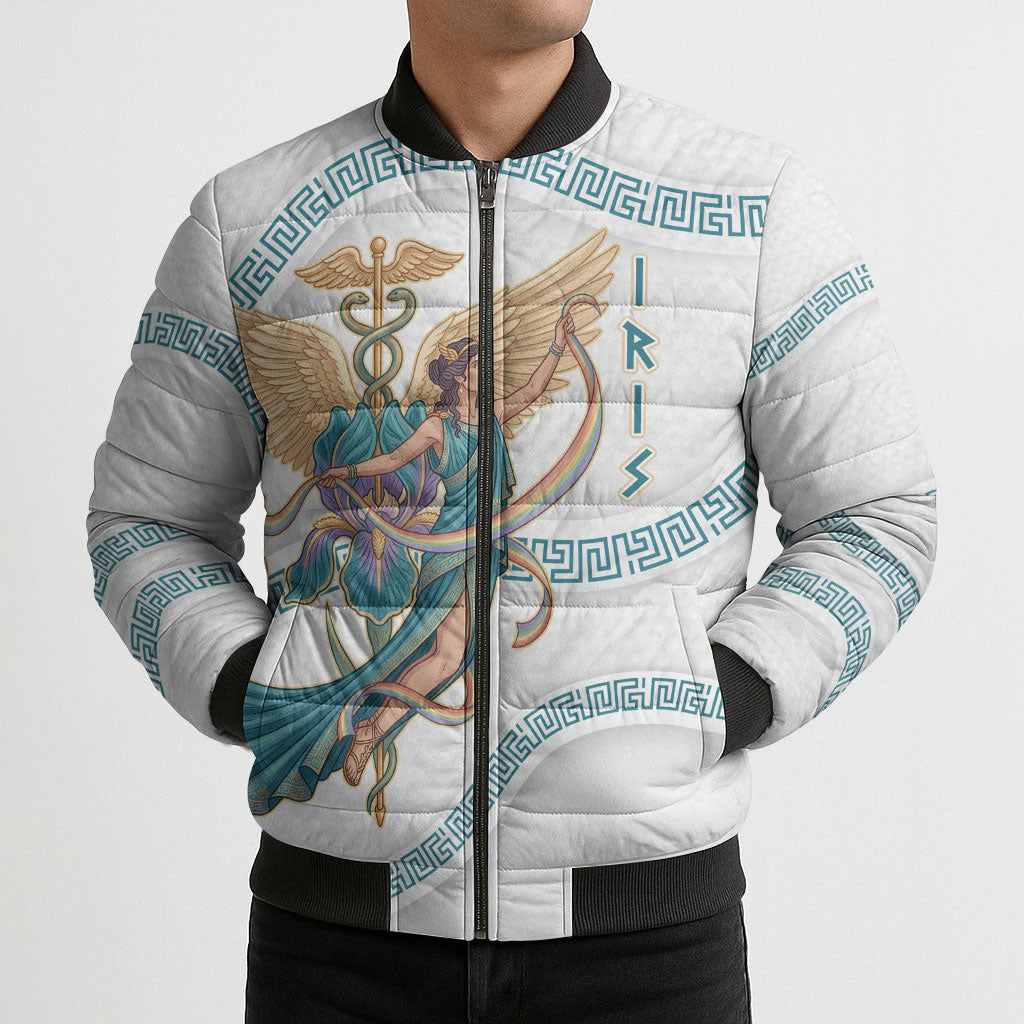 Iris Goddess Bomber Puffer Jacket Winged Iris Caduceus Staff Rainbow Ribbon Greek Key