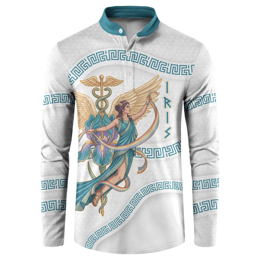 Iris Goddess Button Sweatshirt Winged Iris Caduceus Staff Rainbow Ribbon Greek Key