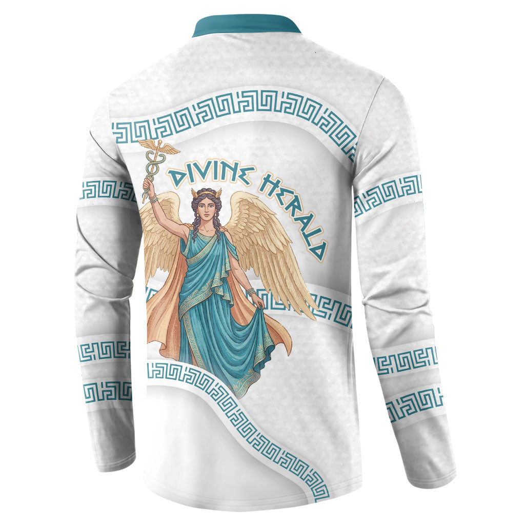 Iris Goddess Button Sweatshirt Winged Iris Caduceus Staff Rainbow Ribbon Greek Key
