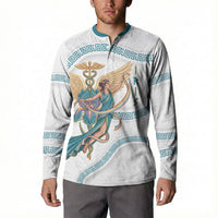 Iris Goddess Button Sweatshirt Winged Iris Caduceus Staff Rainbow Ribbon Greek Key