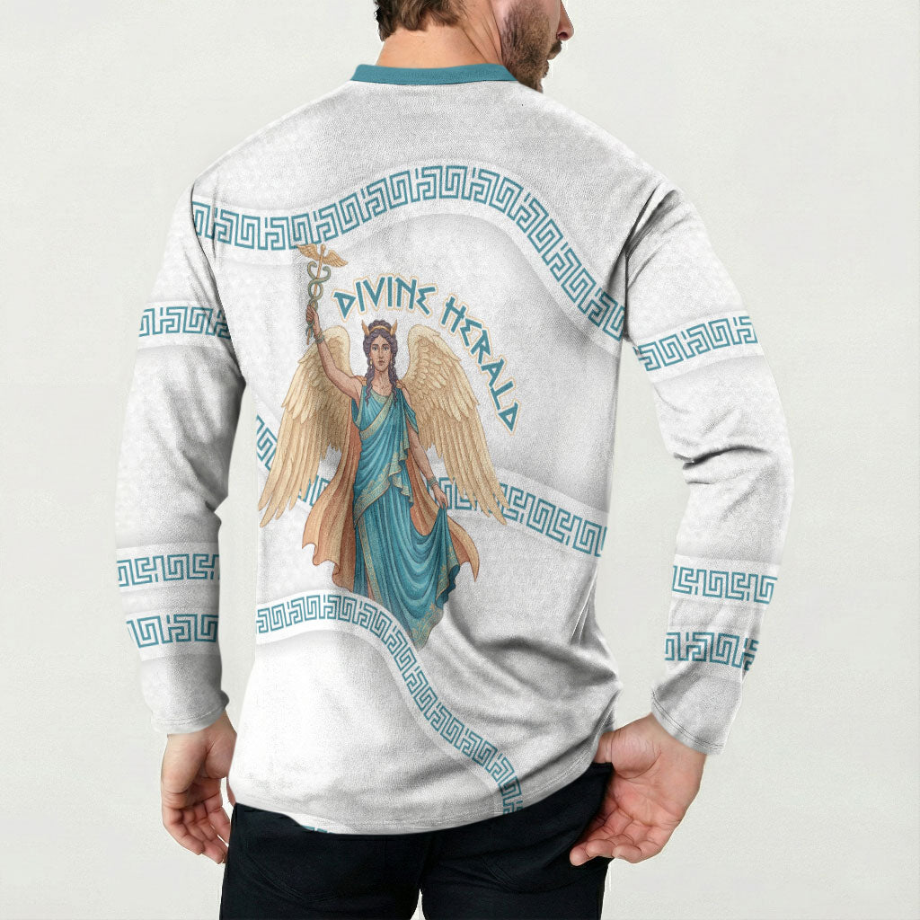 Iris Goddess Button Sweatshirt Winged Iris Caduceus Staff Rainbow Ribbon Greek Key