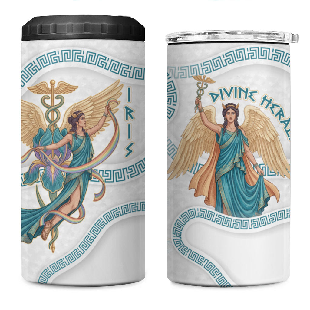 Iris Goddess 4 in 1 Can Cooler Tumbler Winged Iris Caduceus Staff Rainbow Ribbon Greek Key
