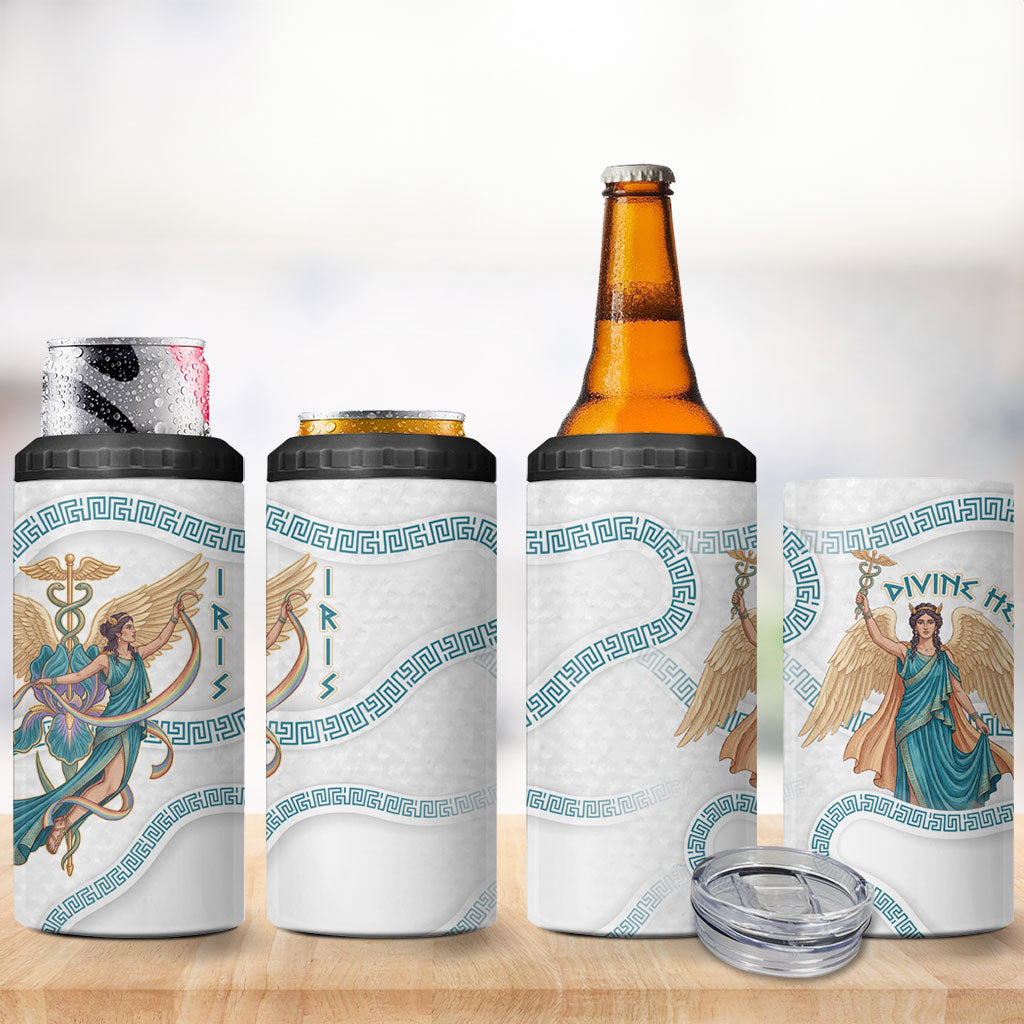 Iris Goddess 4 in 1 Can Cooler Tumbler Winged Iris Caduceus Staff Rainbow Ribbon Greek Key