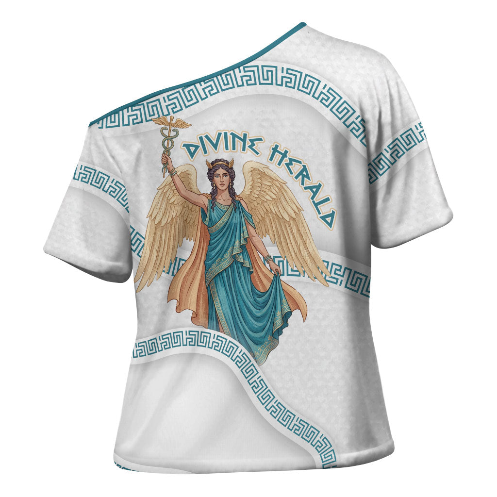 Iris Goddess Cross Shoulder Shirt Winged Iris Caduceus Staff Rainbow Ribbon Greek Key
