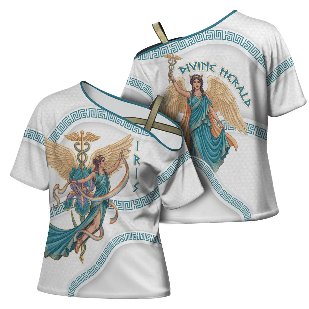 Iris Goddess Cross Shoulder Shirt Winged Iris Caduceus Staff Rainbow Ribbon Greek Key