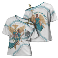 Iris Goddess Cross Shoulder Shirt Winged Iris Caduceus Staff Rainbow Ribbon Greek Key