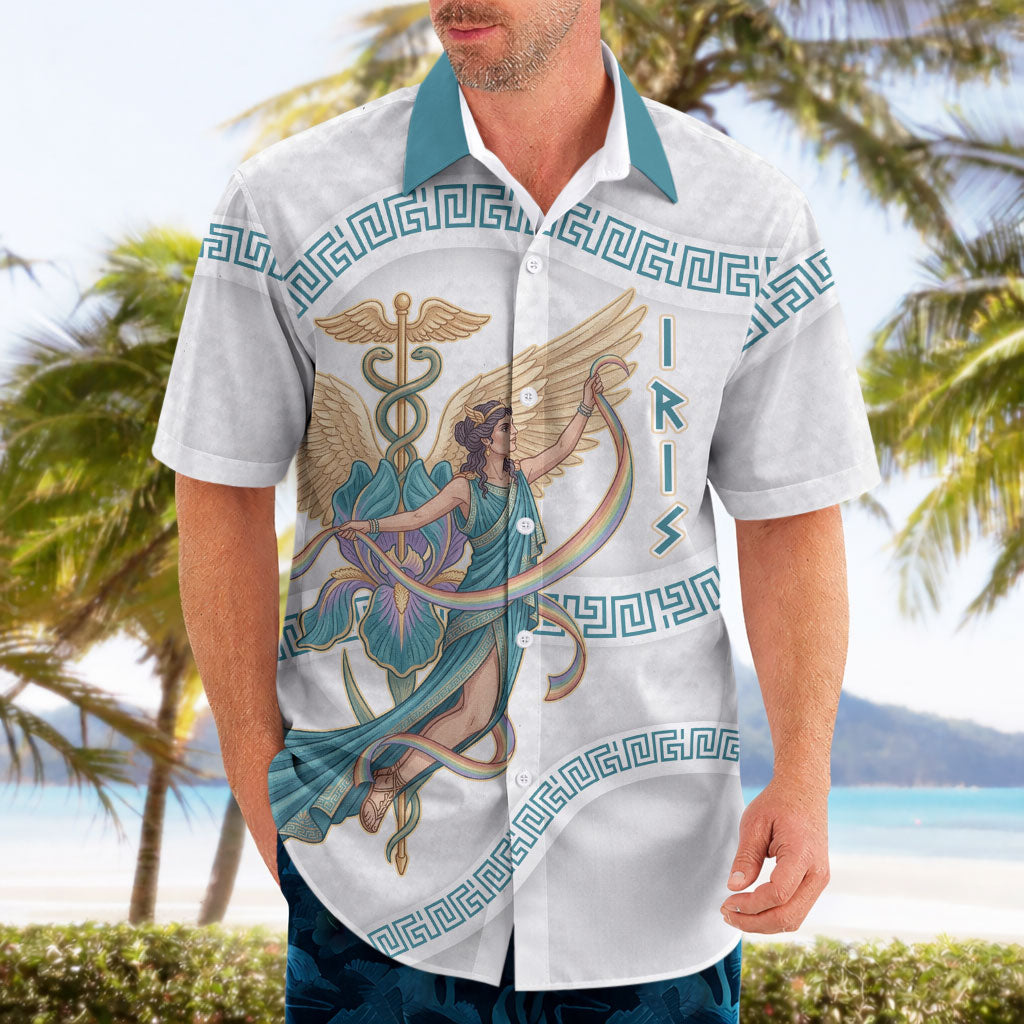 Iris Goddess Hawaiian Shirt Winged Iris Caduceus Staff Rainbow Ribbon Greek Key