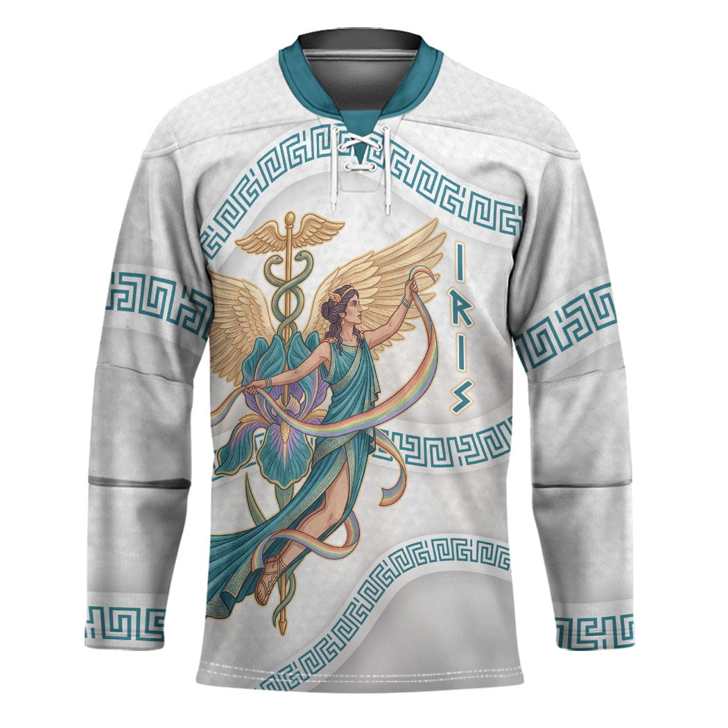 Iris Goddess Hockey Jersey Winged Iris Caduceus Staff Rainbow Ribbon Greek Key
