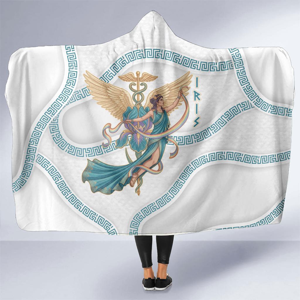 Iris Goddess Hooded Blanket Winged Iris Caduceus Staff Rainbow Ribbon Greek Key