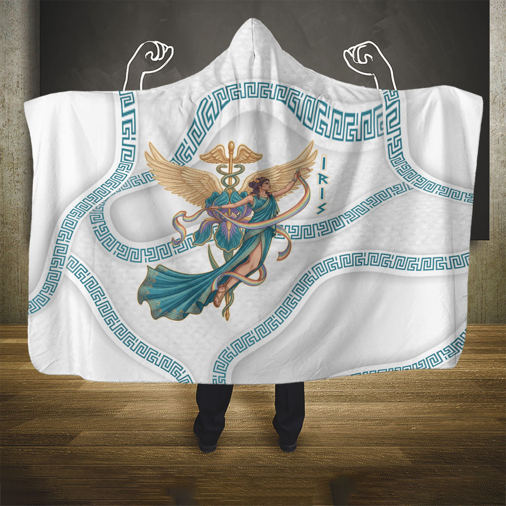 Iris Goddess Hooded Blanket Winged Iris Caduceus Staff Rainbow Ribbon Greek Key